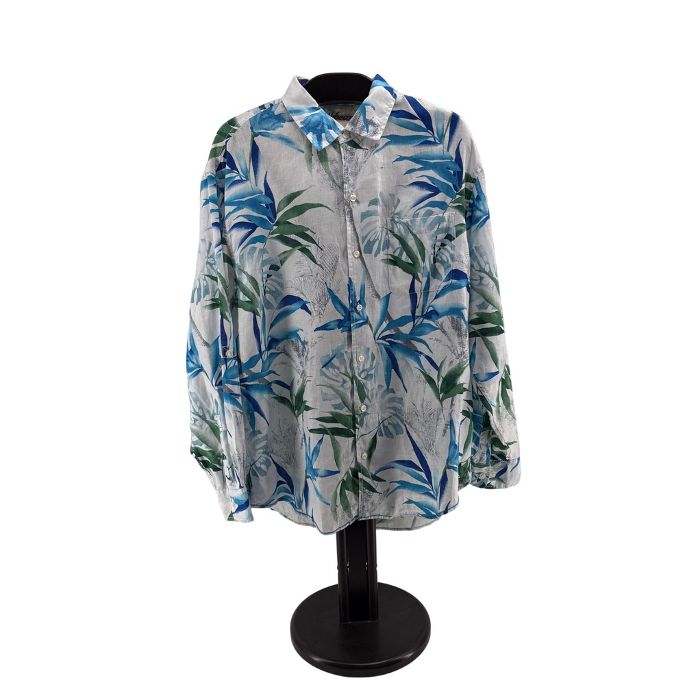 Caribbean Mens XL 100% Linen Tropical Leaf Print‎ Long Sleeve Button Down Shirt